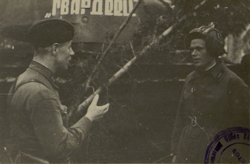 Image: The commander of a tank company, senior lieutenant Koroviansky, accepts a new materiel from the brigade commander, Lieutenant Colonel Petrovsky