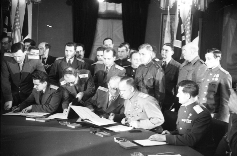Soviet delegation at the signing ceremony of the Declaration of German Defeat