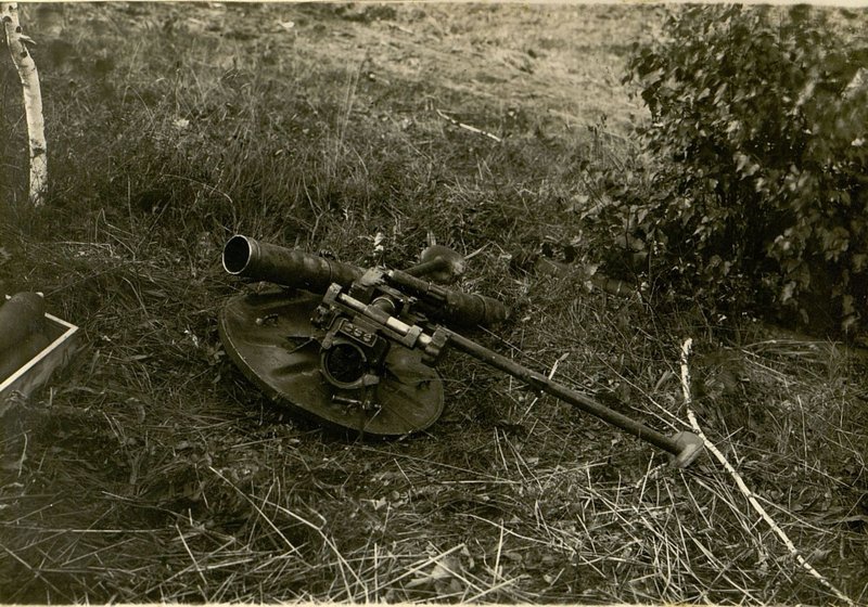 Image: German mortar. Damaged by shell fragments and left by the Germans