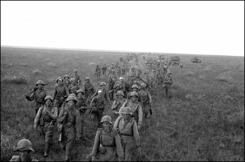 Soviet infantry in the steppes of Manchuria. Trans-Baikal Front