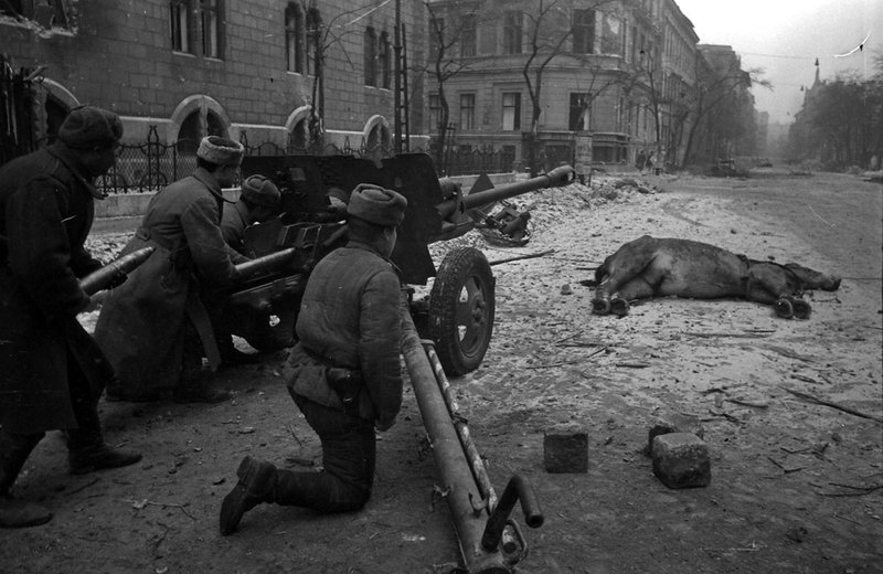 Artillerymen firing at the enemy on a street of Budapest