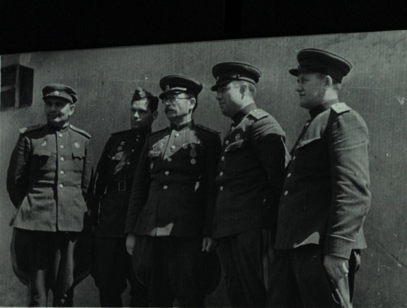 Commander of the 5th Guards Tank Army, Lieutenant General P. Rotmistrov (center), Chief of Army's Staff Major General V. Baskakov (2nd right)