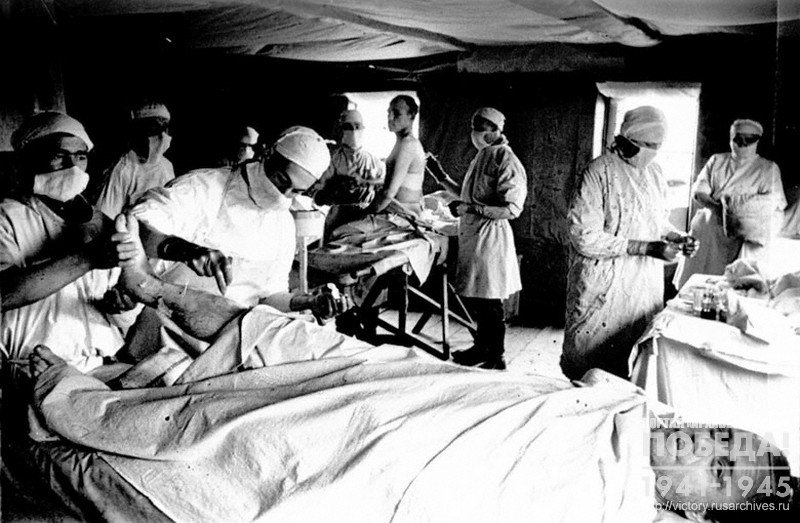 Bandaging of the wounded in a field hospital of the Red Army