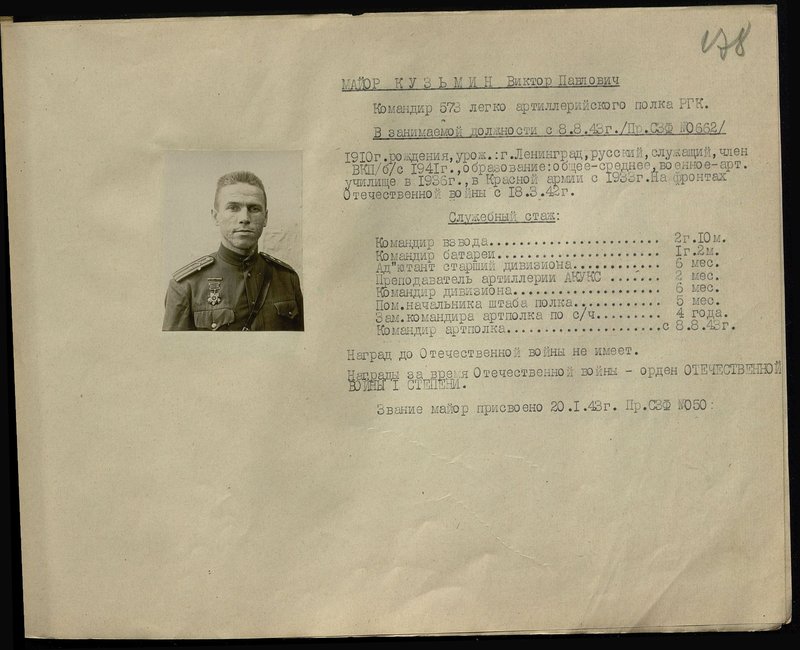 Original image: Major Kuzmin Viktor Pavlovich. Commander of the 573rd Light Artillery Regiment of the Strategic Reserve