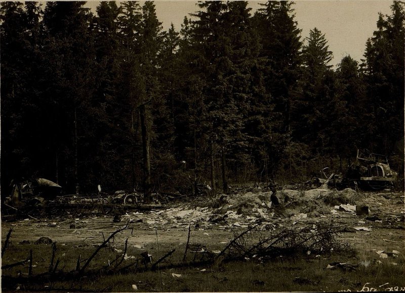 Image: In the foreground is a crater from a 100 kg bomb at the edge of a forest 1 km southwest of Matsava. The explosion of this bomb destroyed 3 cars