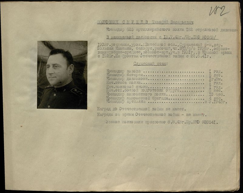 Original image: Colonel Smunev Timofey Vasilievich. Commander of the 625th Artillery Regiment of the 182nd Infantry Division