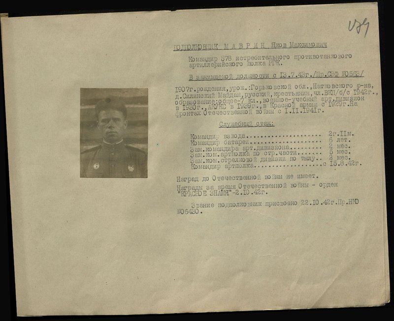 Original image: Lieutenant Colonel Mavrin Yakov Maksimovich. Commander of the 578th Anti-Tank Artillery Fighter Regiment of the High Command Reserve