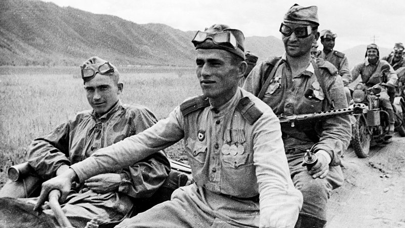 Convoy of Soviet motorcyclists on the march in Manchuria