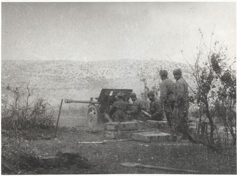 Artillery crew fires at enemy tanks