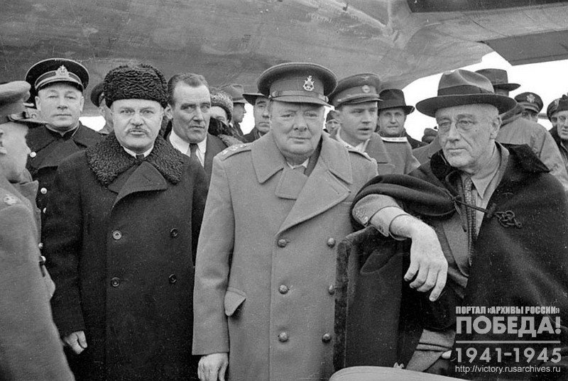 Arrival of US President Franklin D. Roosevelt to Crimean Conference and his meeting at airfield in attendance of N.G. Kuznetsov, V.M. Molotov, A.A. Gromyko and W. Churchill.