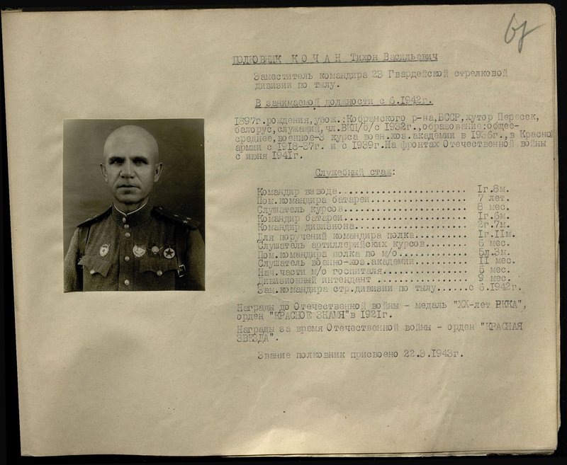 Original image: Colonel Kochan Tikhon Vasilievich. Deputy Commander of the 23rd Guards Rifle Division for Logistics