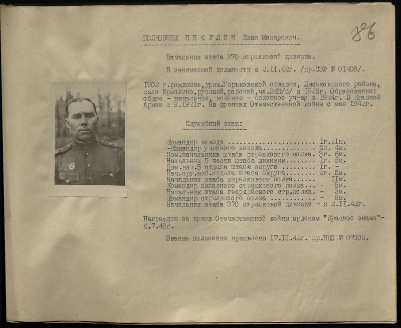 Original image: Colonel Nikulin Ivan Makarovich. Chief of Staff of the 370 Infantry Division