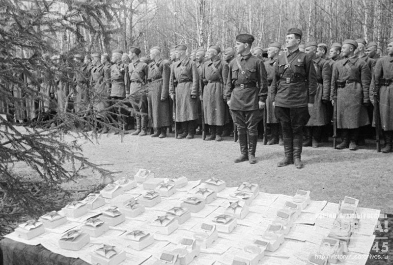 Personnel of the Guards motorized rifle division in parade formation, before awarding ceremony