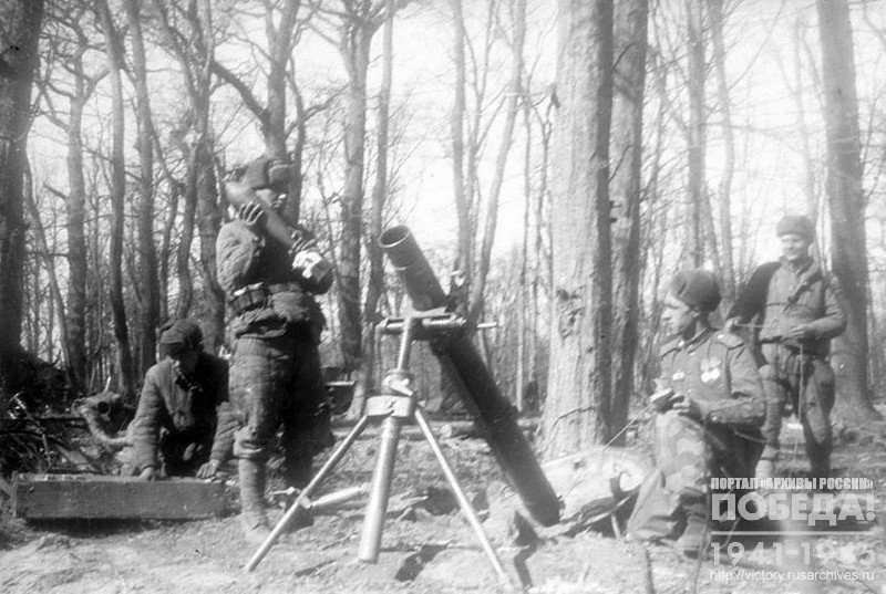 Mortar crew of 11th guards army at the firing position at the approach to Pillau