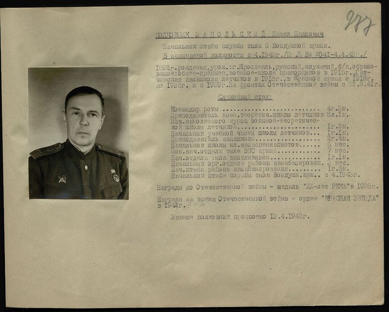 Оригинальный образ: Полковник Запольский Павел Павлович. Начальник штаба службы тыла 6 воздушной армии