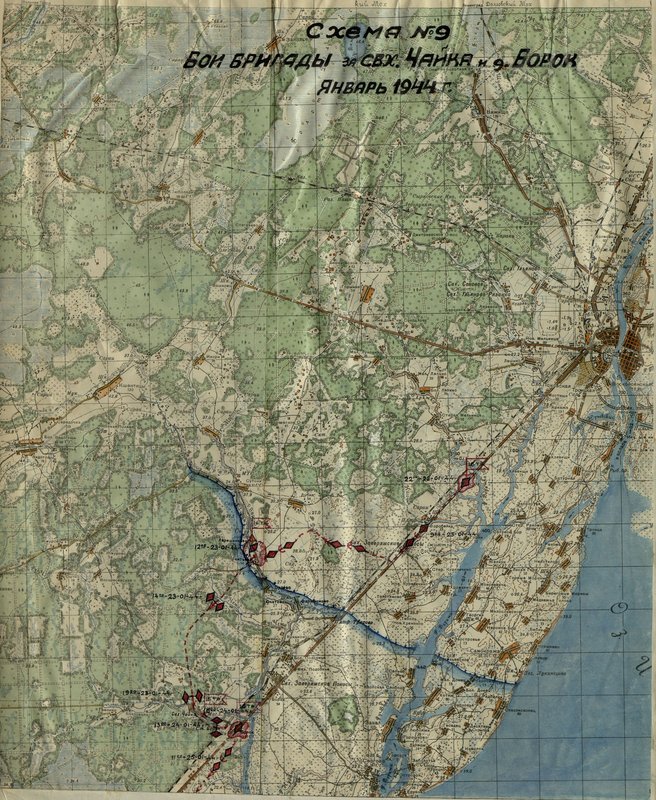 Image: Scheme № 9. Battles of the brigade for the state farm Chaika and the village of Borok January 1944