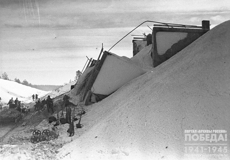 Destroyed bridge near Koivisto taken by the units of Red Army (Panorama of two photos. The second one)
