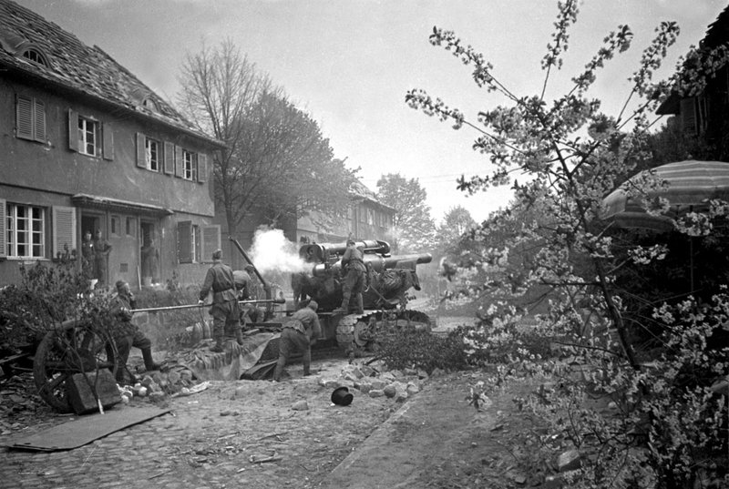 Sergeant N. Meshkov's B-4 howitzer of the 100th Howitzer Artillery Brigade fires in Berlin