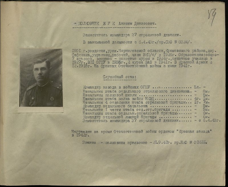 Оригинальный образ: Полковник Жук Анисим Денисович. Заместитель командира 37 стрелковой дивизии