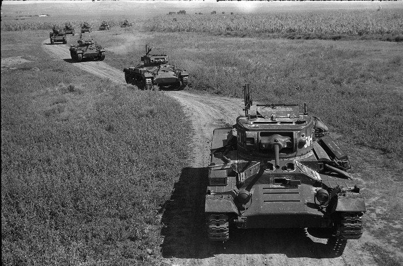 American and British tanks from the Soviet inventory on a march in the North Caucasus