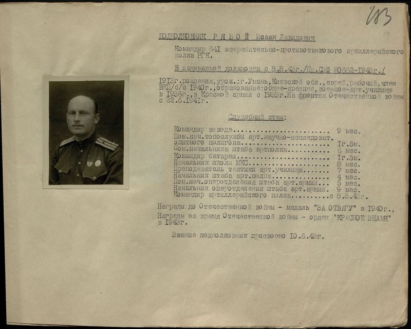 Original image: Lieutenant Colonel Pyaboy Isaac Davidovich. Commander of the 641st anti-tank artillery regiment of the Reserve of the High Command