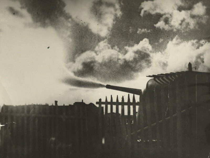 The railway conveyor of the 406th railway artillery division fires at the fascist battery