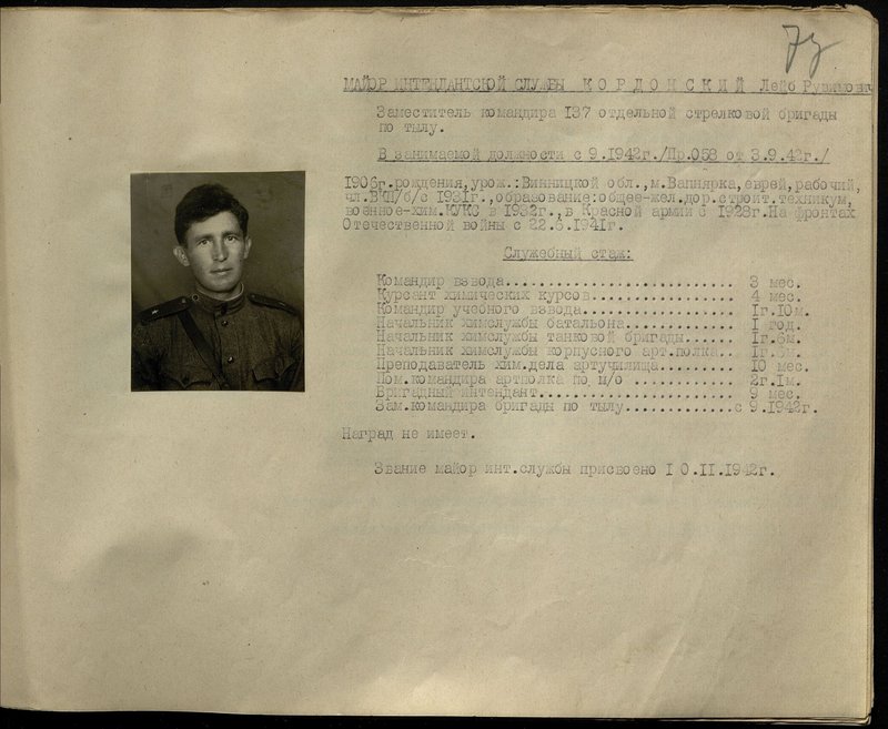 Original image: Major of the Quartermaster Service of Kordonsky Leib Ruvimovich. Deputy commander of the 137th separate rifle brigade for rear