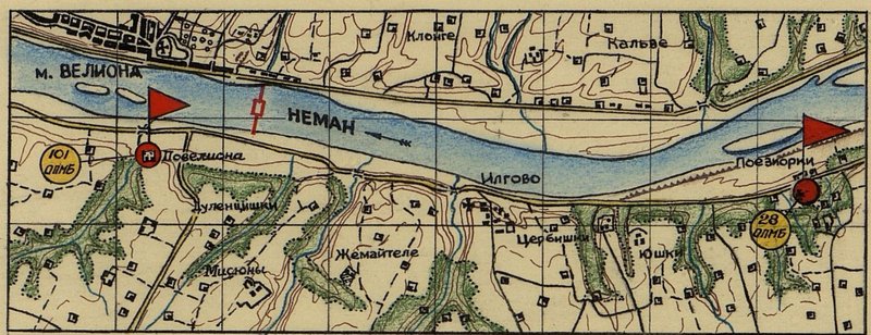 Image: A copy from map No. 34-35-G showing the locations of 28 Red Army soldiers and 101 Neman regiment battalions