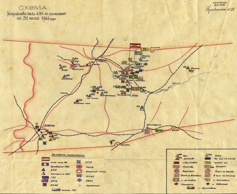 Фотография: Схема устройства тыла 4 ВА по состоянию на 31 июля 1944 г.
