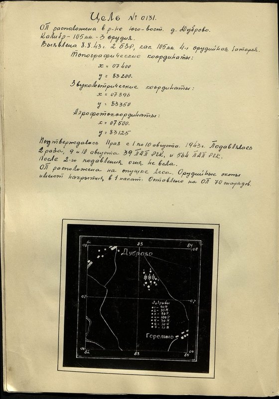 Оригинальный образ: Цель № 0131. Огневая позиция расположена в районе юго-вост. д. Дуброво. Калибр - 105 мм, 3 орудия