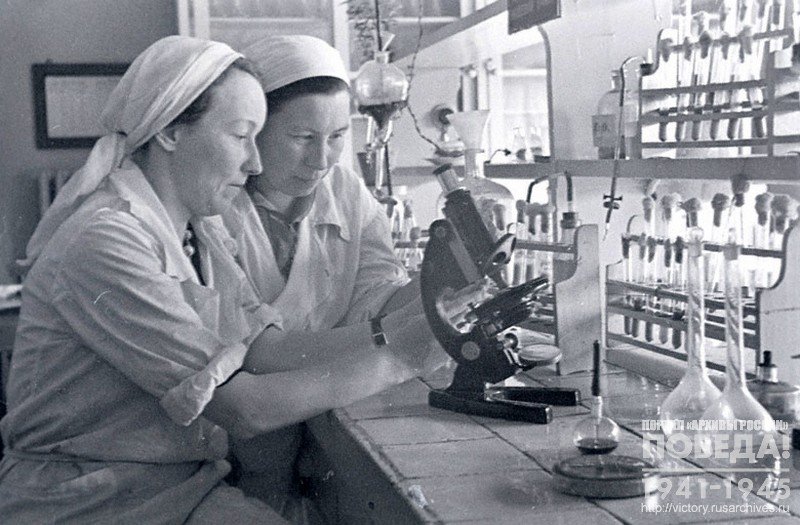 Head of laboratory Candidate of biological sciences I.P.Sadokova and engineer-technologist V.D.Petrova doing research