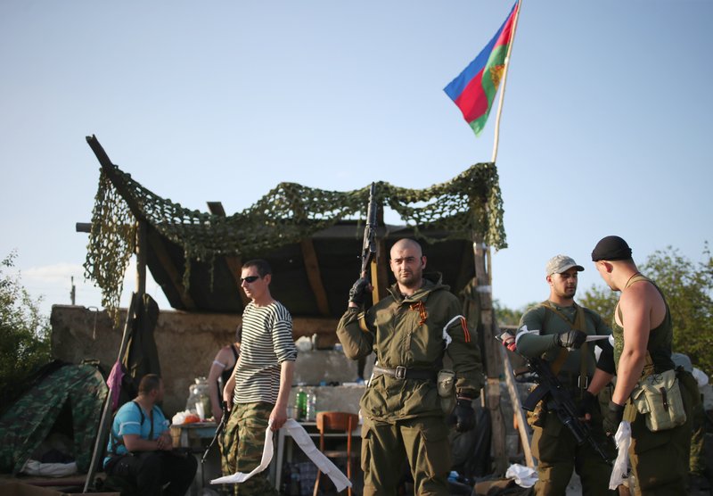 A people's militia checkpoint in Sloviansk. Militiamen at the checkpoint.