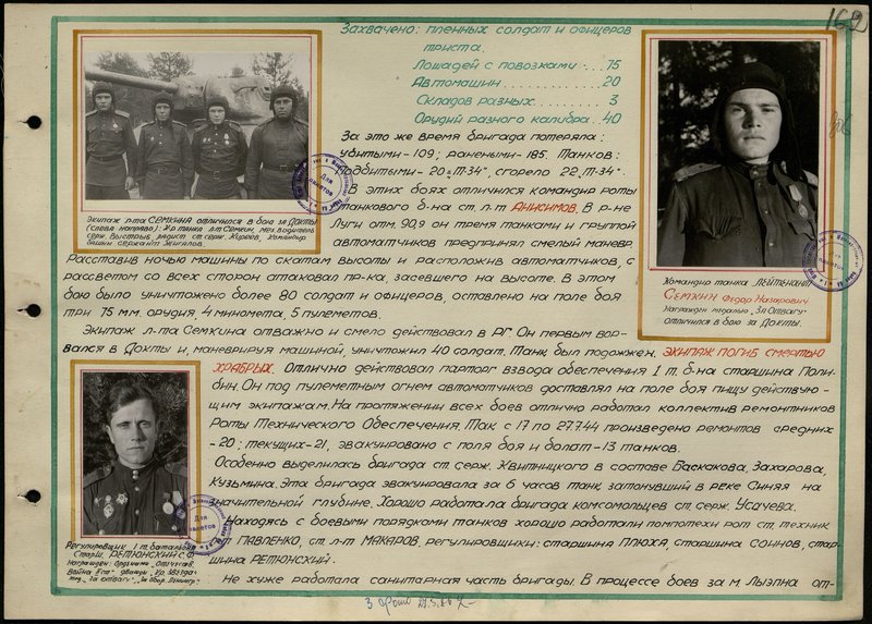 Original image: The crew of Lieutenant Semkin distinguished themselves in the battle for Dokty (from left to right): tank commander Lieutenant  Semkin, mechanic driver sergeant Vystryb, radio operator Senior sergeant Kireev, tower commander sergeant Zhigalov