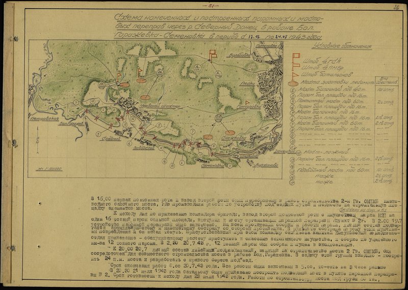 Original image: Scheme of the planned and built ferry and bridge crossings across the Severny Donets River in the Bol region. Garazhevka-Semenovka in the period from 17.07 to 24.07 1943