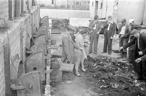 Мирные жители у печей крематория осматривают останки людей, замученных в концлагере Майданек