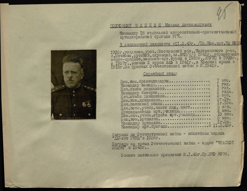 Original image: Colonel Mishnin Mikhail Alexandrovich. Commander of the 18th separate anti-tank artillery brigade of the Reserve of the High Command
