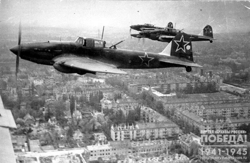Soviet Sturmovik aircrafts in flight over Berlin