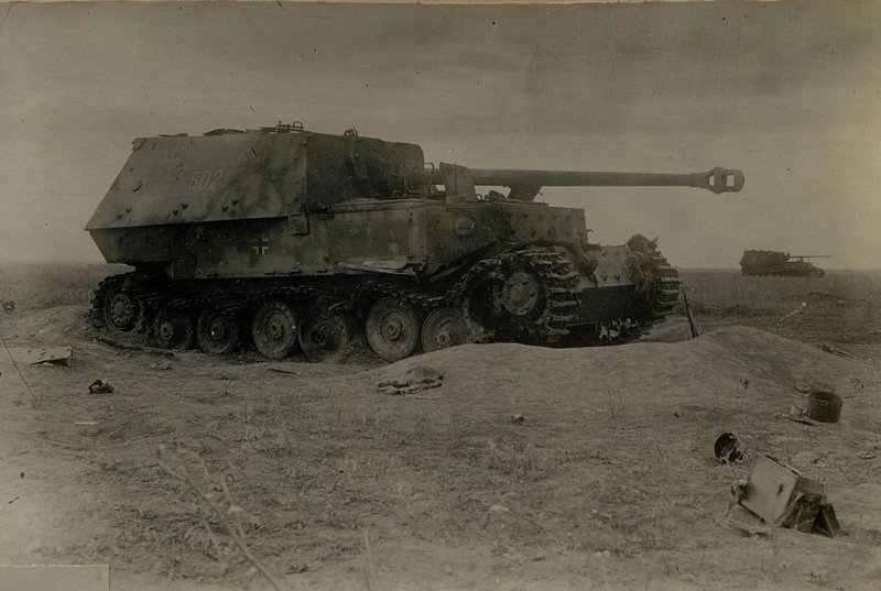 Image: German self-propelled gun "Ferdinand" was knocked out on 6.7.43 in the area of high. 255.1 by the 3rd battery of the 642 cannon artillery regiment of the 5th artillery division of the strategic reserve; a direct hit of 107 mm of a projectile killed a caterpillar belt near the drive wheel