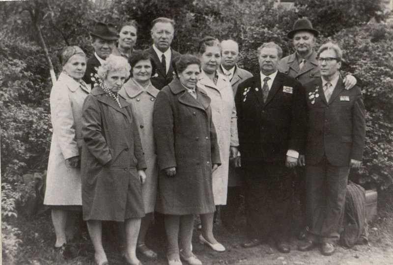 Image: 1st row: Nesterenko T.I., Kudryasheva A.M., Sokolova N.G., Kadatsky S.Z., Shamray S.I., 2nd row: Alekseeva E.I., Alekseev S.A., Abaeva Z., Boguruslantsev, Abaev, Anisimov 1972 during a meeting of veterans in Nevskaya Dubrovka