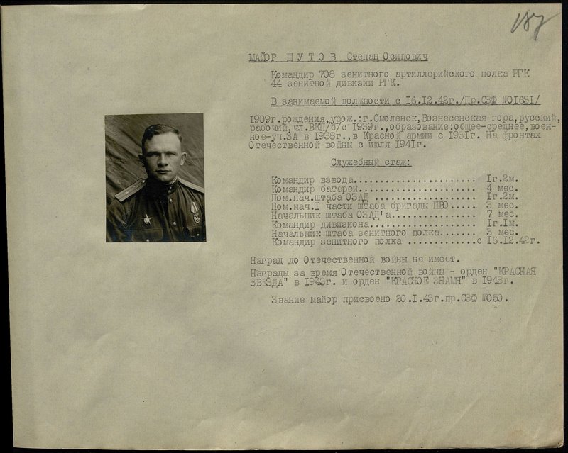 Original image: Major Shutov Stepan Osipovich. Commander of the 708th Anti-Aircraft Artillery Regiment of the Strategic Reserve of the 44th Anti-Aircraft Division of the Strategic Reserve