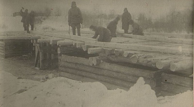 Image: The construction of the bridge over the Runa River in Runo was built by a platoon of Lieutenant Grichanichenko of the IIIrd Engineering Company. Photo by Makovenko March 21, 1942