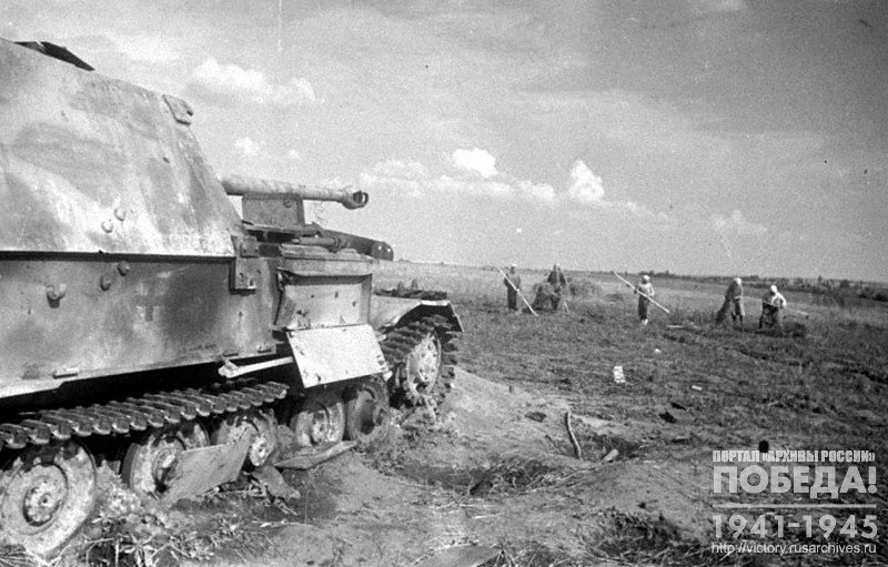 Collective farmers from Kursk region сcarrying hay on the lands freed from  German invaders; front and center -  German self-propelled artillery vehicle, knocked out during  Ponyri-Arkhangelskoe area battle