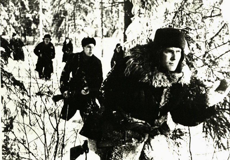 Partisans of the Shakhovsky district. In the foreground is the best scout and sniper L.V. Fortunatov