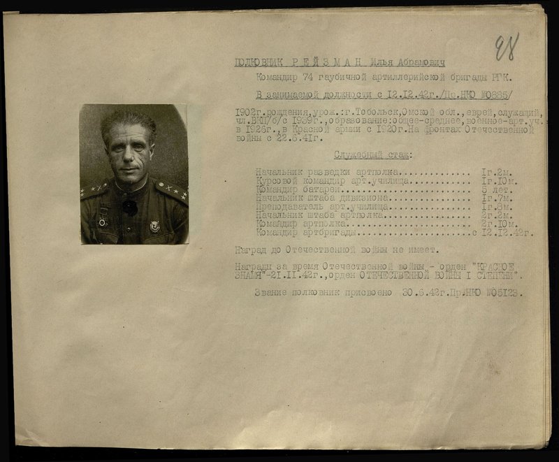 Original image: Colonel Reisman Ilya Abramovich. Commander of the 74th Howitzer Artillery Brigade of the Reserve of the High Command