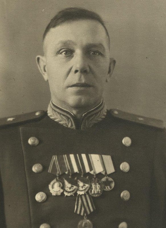 Major General Ivan Prokofievich Repin (in uniform with awards), participant of the Great Patriotic War, defense of Rzhev