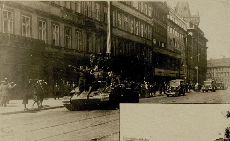 Image: Residents of Prague greet the passing units of the 3rd Guards Tank Army