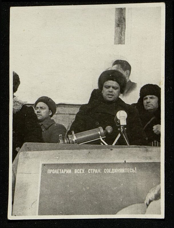 Original image: Secretary of the Local Committee (MK) of the All-Union Communist Party of the Bolsheviks, T. Chernousov, speaking at a rally in the liberated Mozhaisk