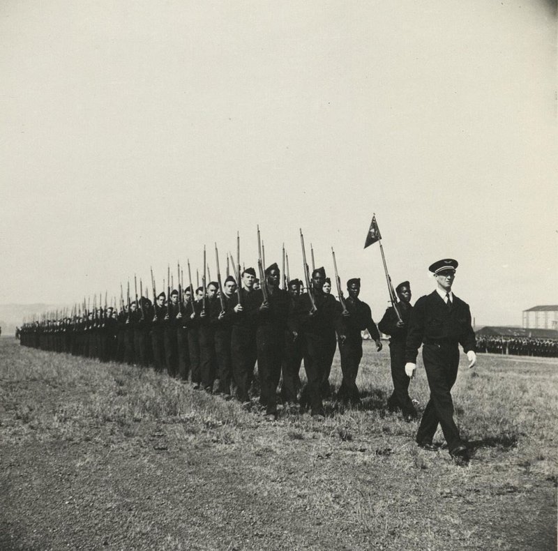 French pilots march along the airfield. France, Paris, Le Bourget Airport 