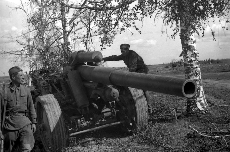 Trophy large-caliber cannon captured by Red Army units in the battles for Rzhev.