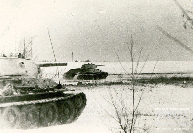 Tanks of the 1st Guards Brigade of Colonel Katukov M.E. attack the enemy